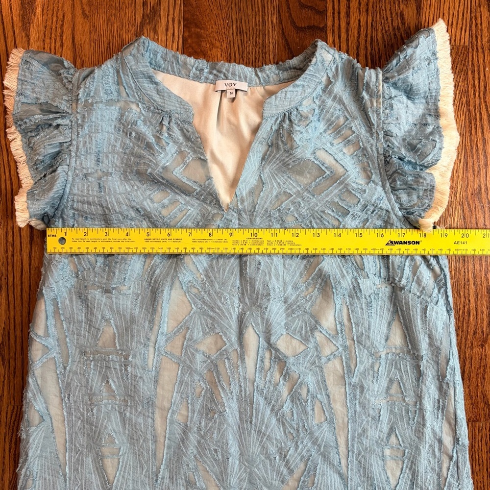 VOY Blue V-Neck Ruffle Sleeve Fringe Burnout Shift Dress Med Boho Cotton Linen - Picture 6 of 8